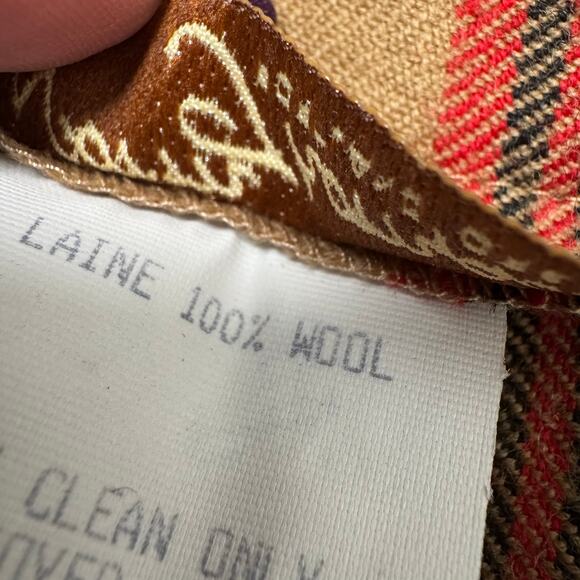 Vintage Norm Thompson Pleated Tan Red Black 100% Wool Striped Flared Skirt 10 - Picture 6 of 7